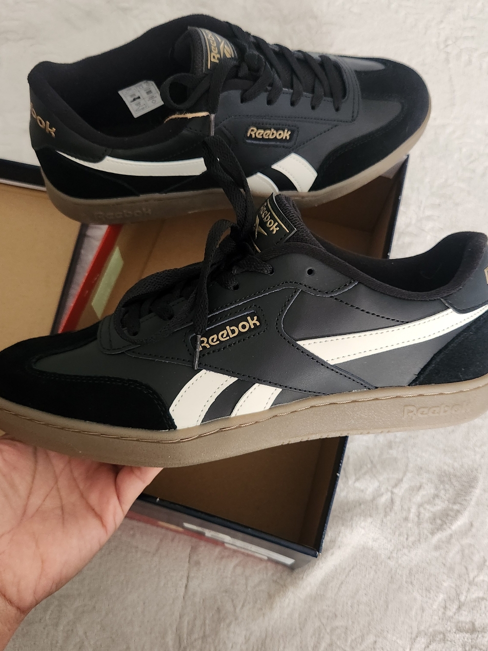 Reebok Men's Black and White Sneakers with Tan Sole